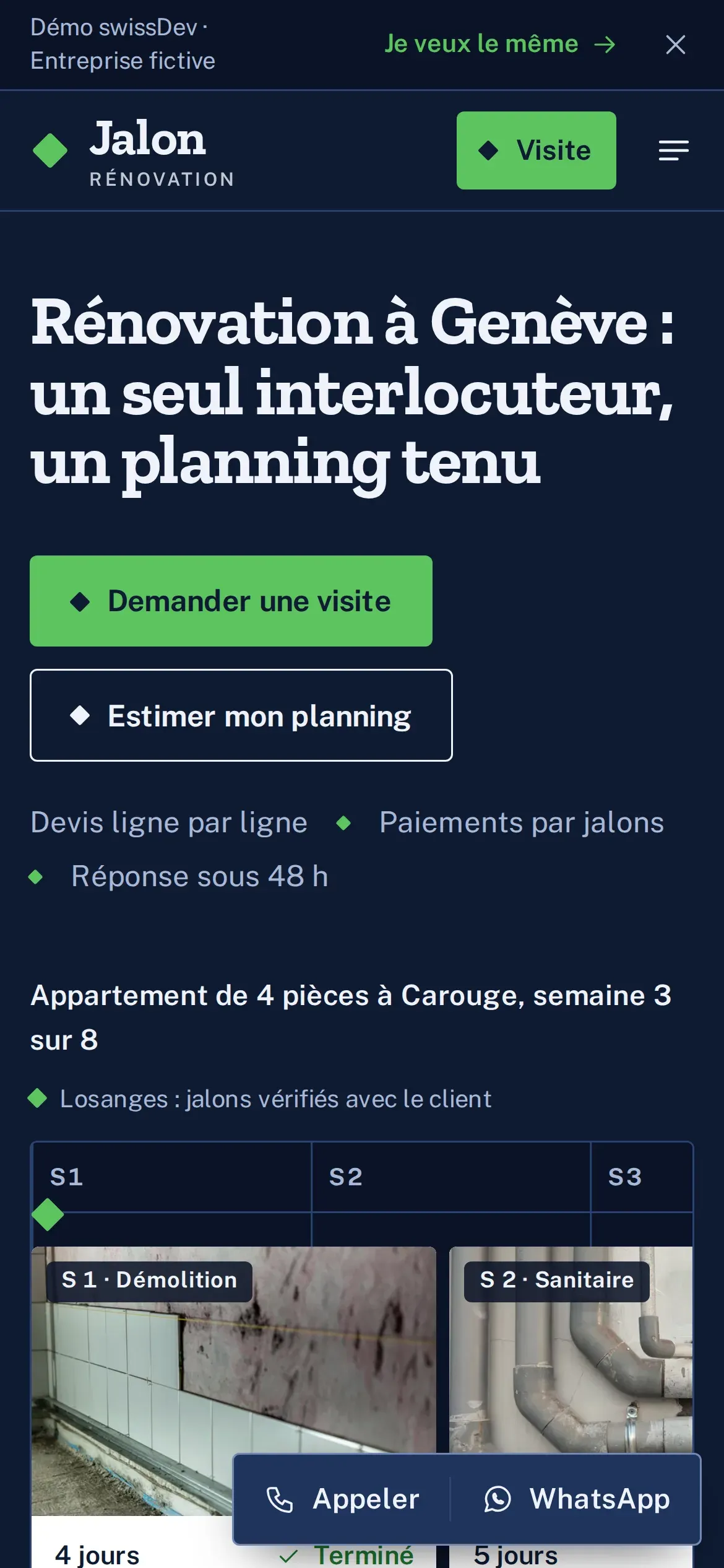 Page d’accueil de Jalon Rénovation sur téléphone