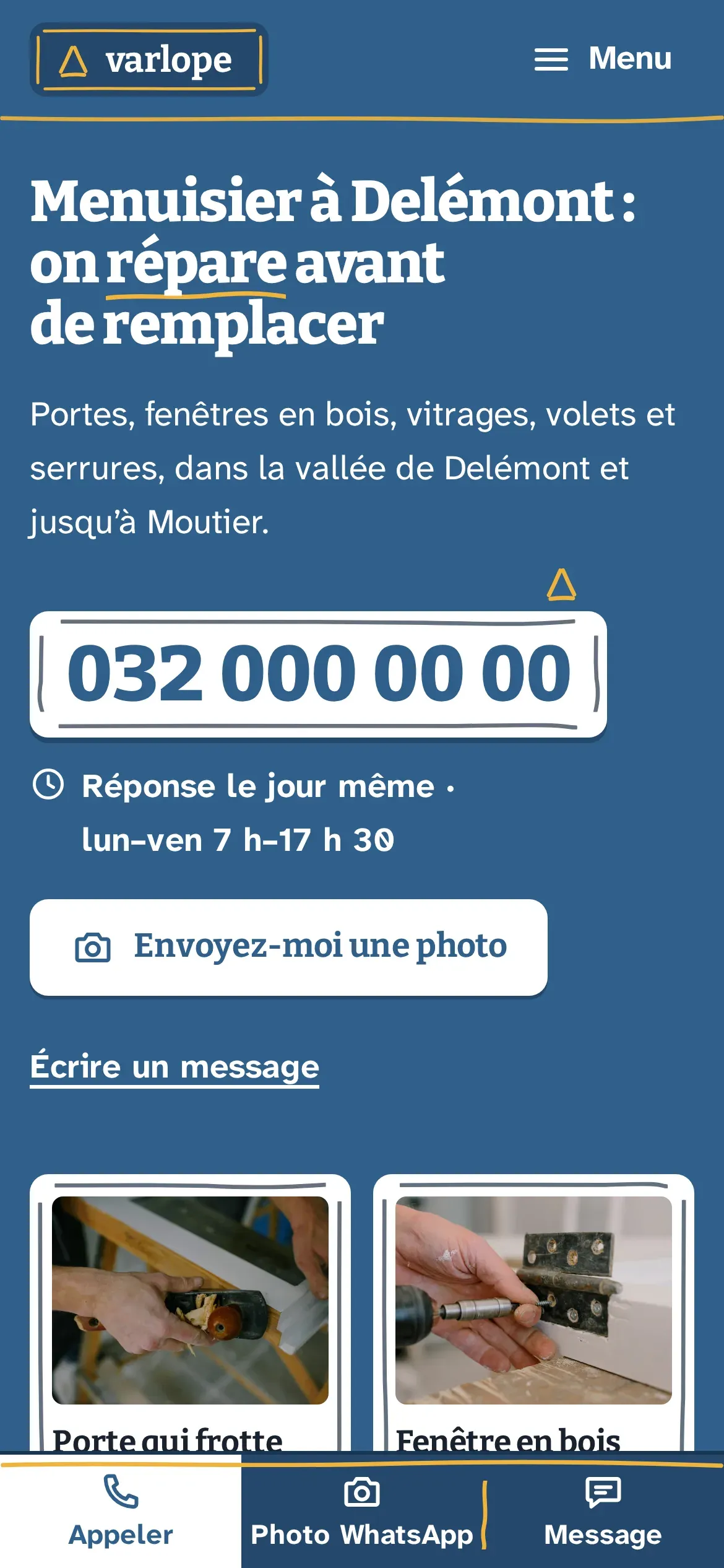 Accueil du site Varlope sur téléphone, le titre, le numéro en très grand dans son étiquette tracée au crayon, le bouton « Envoyez-moi une photo » et la barre Appeler, Photo WhatsApp, Message en bas de l’écran