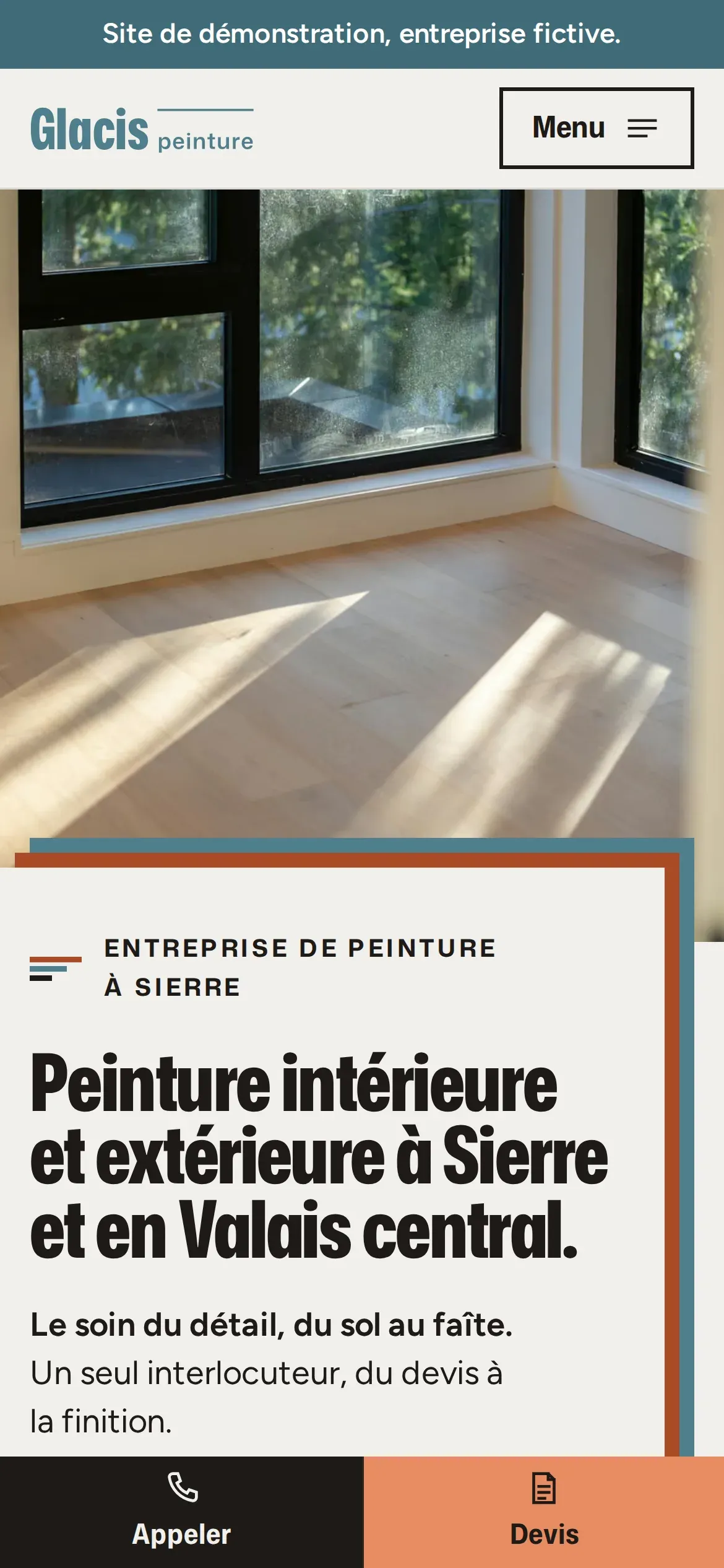 Le site Glacis peinture sur téléphone, avec les boutons Appeler et Devis fixés en bas de l’écran