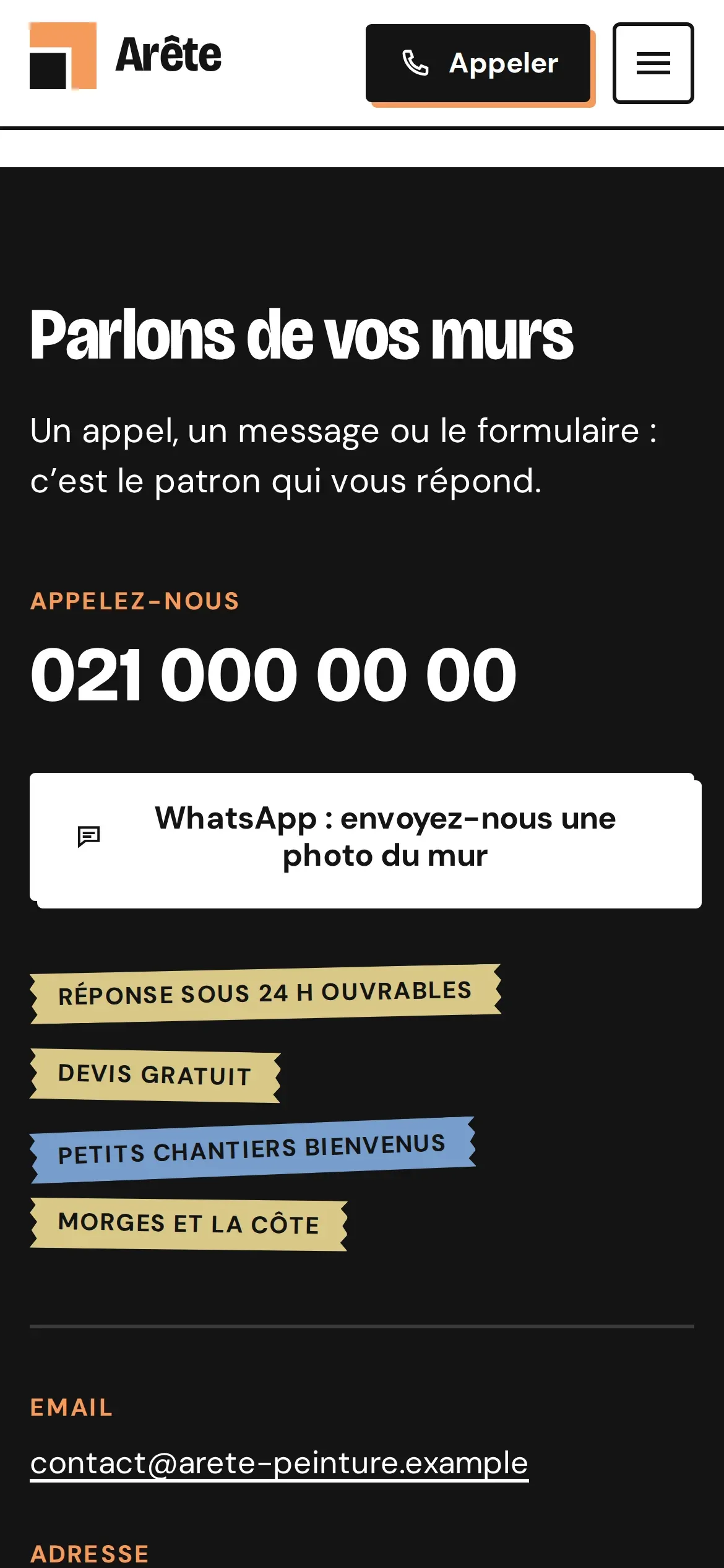 Section contact du site Arête sur téléphone, avec le numéro en très grand et le bouton WhatsApp