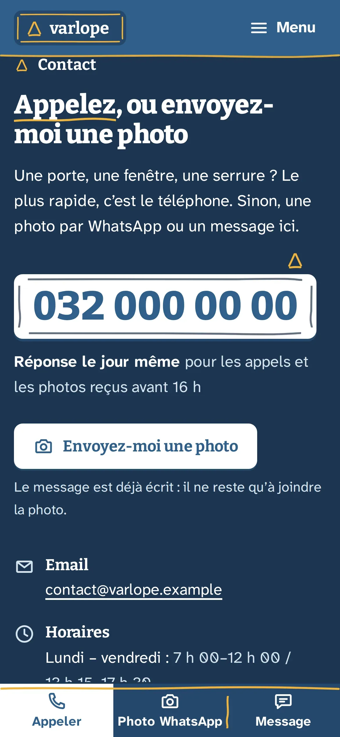 Section contact du site Varlope sur téléphone, fond bleu nuit, le numéro en très grand dans son étiquette blanche tracée au crayon et le bouton « Envoyez-moi une photo »