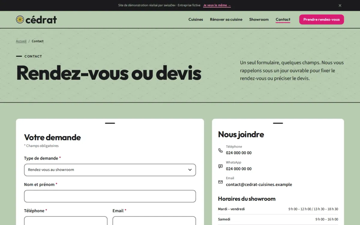 Page « Rendez-vous ou devis » du site Cédrat, le formulaire de demande à gauche et les coordonnées et horaires du showroom à droite