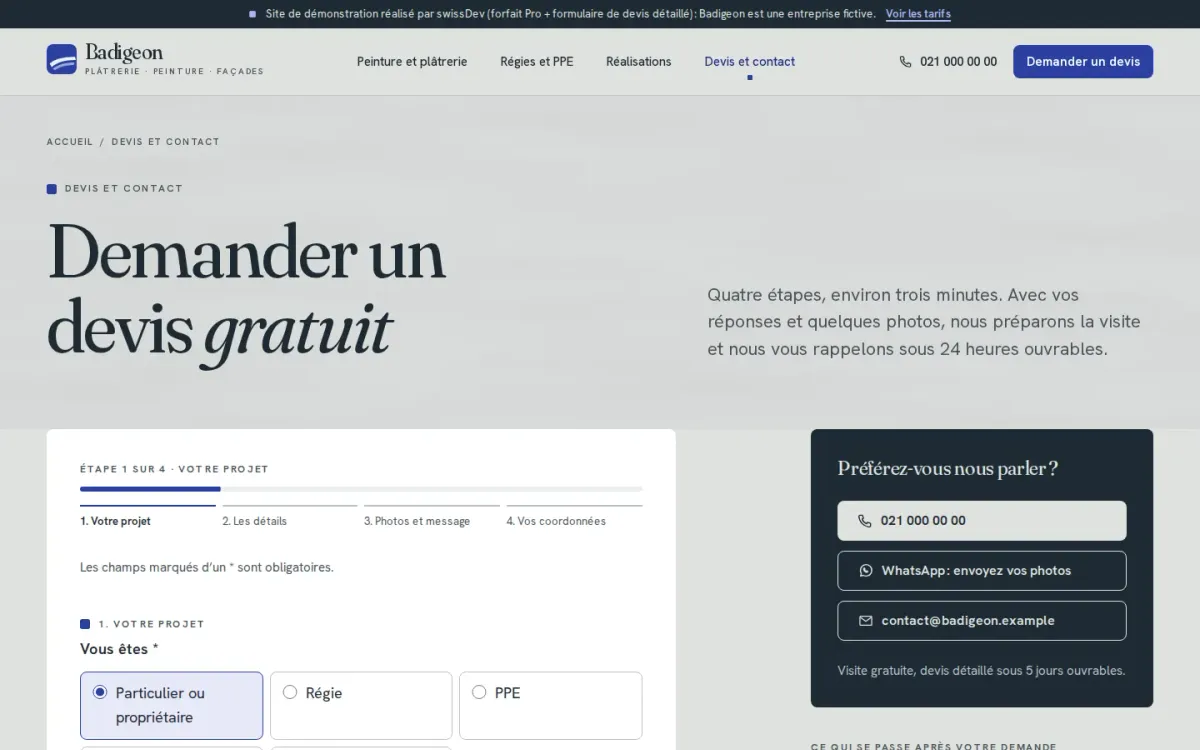 Première étape du formulaire de devis détaillé du site Badigeon, avec la barre de progression en quatre étapes