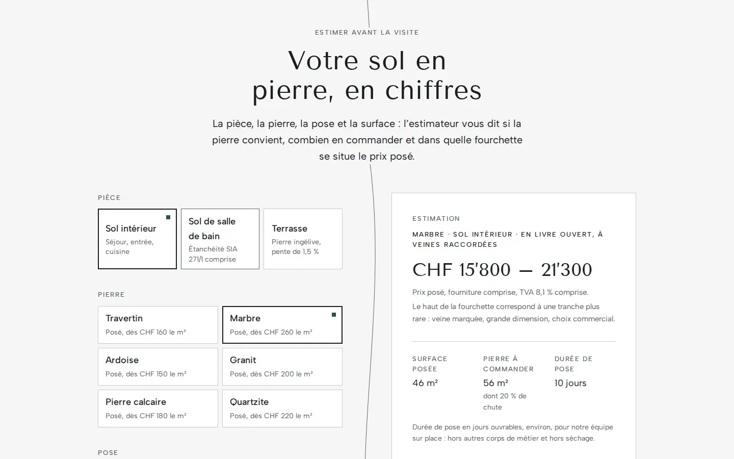 Estimateur de sol en pierre du site Veine, le marbre choisi en sol intérieur et posé en livre ouvert à gauche, et à droite l’estimation de CHF 15’800 à 21’300 pour 46 m², 56 m² de pierre à commander dont 20 % de chute et 10 jours de pose