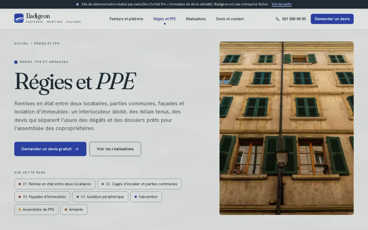 Page Régies et PPE du site Badigeon, avec la remise en état entre deux locataires, les cages d’escalier, les façades d’immeubles et la subvention pour l’isolation
