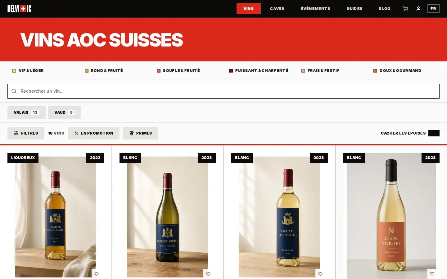 Catalogue des vins AOC suisses d’Helvitic, avec la recherche, les filtres par style et par canton et les bouteilles